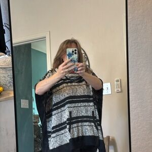 Gray black striped poncho from Splendid.  Warm and cozy!